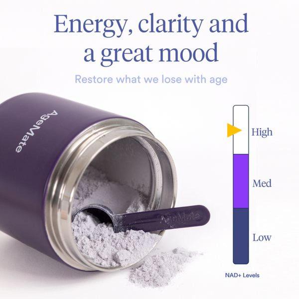 A clean, minimalist 1:1 ad creative showing a supplement powder container next to a clear progress bar indicating NAD+ levels.